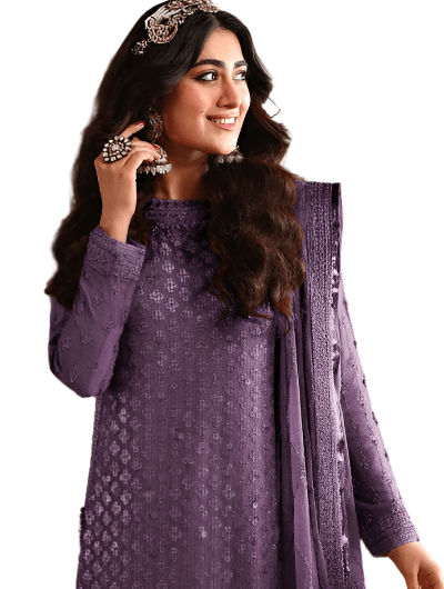 Lilac Bridal Embroidery Georgette Salwar Suit UK Next Day - BONYHUBSALWAR KAMEEZ