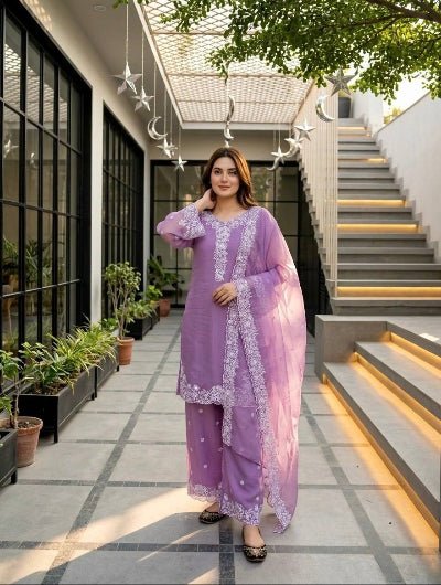 Lilac Chanderi Embroidery Work Palazzo Suit Set - BONYHUBSALWAR KAMEEZ
