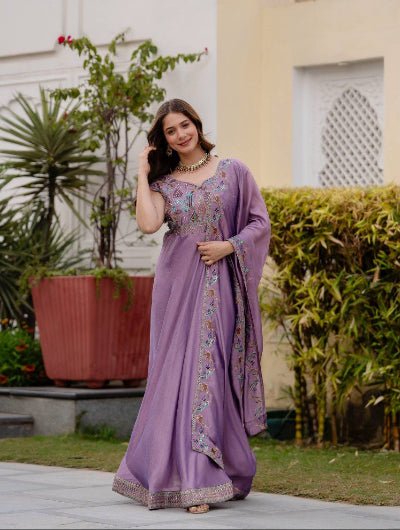 Lilac Designer Embroidery Anarkali Gown Dupatta Set Of 2 - BONYHUBSALWAR KAMEEZ