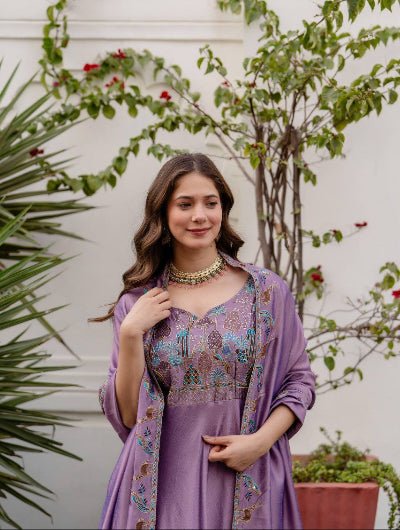Lilac Designer Embroidery Anarkali Gown Dupatta Set Of 2 - BONYHUBSALWAR KAMEEZ