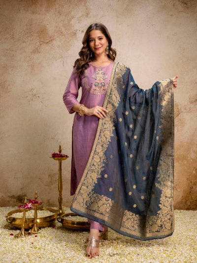 Lilac Ethnic Embroidered Kurta Set with Jacquard Dupatta - BONYHUBSALWAR KAMEEZ