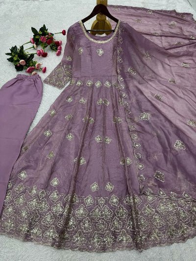 Lilac Gold Crush Embroidered Anarkali Suit UK Next Day - BONYHUBSALWAR KAMEEZ