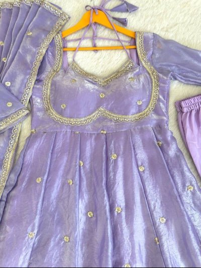 Lilac Partywear Gold Embroidery Anarkali Suit Set - BONYHUBSALWAR KAMEEZ