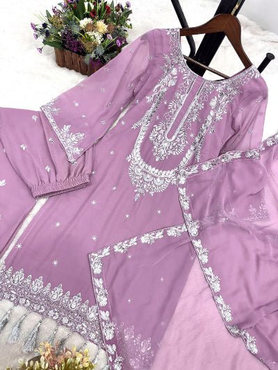Lilac Pink Georgette Bell Sleeves Sharara Palazzo Suit Set - BONYHUBSALWAR KAMEEZ