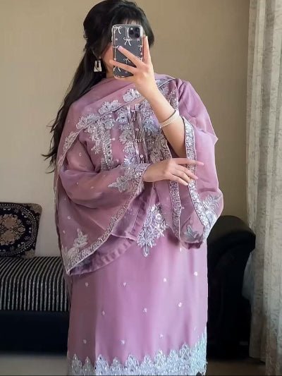 Lilac Pink Georgette Bell Sleeves Sharara Palazzo Suit Set - BONYHUBSALWAR KAMEEZ