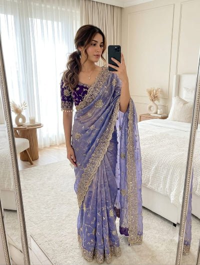 Lilac Pre-Stitched Ready to Wear Saree with Free Purple Embroidered Stitched Blouse - BONYHUBSAREE