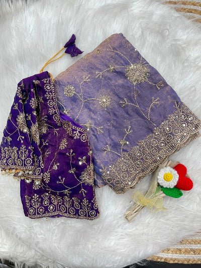 Lilac Pre-Stitched Ready to Wear Saree with Free Purple Embroidered Stitched Blouse - BONYHUBSAREE