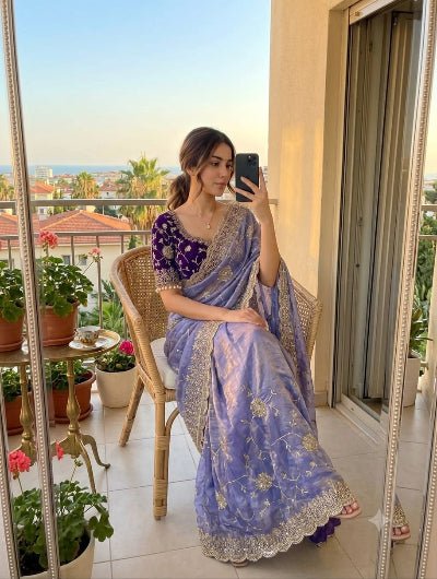 Lilac Pre-Stitched Ready to Wear Saree with Free Purple Embroidered Stitched Blouse - BONYHUBSAREE