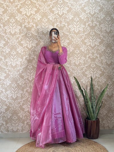 Lilac Velvet & Soft Tissue Silk Anarkali Gown Dupatta Set Of 2 - BONYHUBSALWAR KAMEEZ