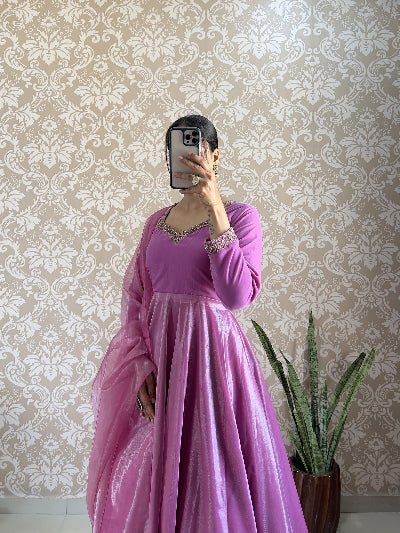 Lilac Velvet & Soft Tissue Silk Anarkali Gown Dupatta Set Of 2 - BONYHUBSALWAR KAMEEZ