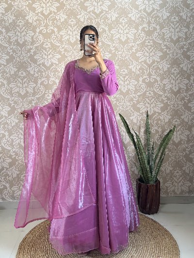 Lilac Velvet & Soft Tissue Silk Anarkali Gown Dupatta Set Of 2 - BONYHUBSALWAR KAMEEZ