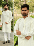 Lime Cream Designer Ethnic Men Kurta Pyjama - BONYHUBMEN KURTA