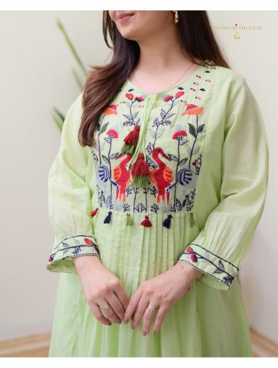 Lime Green Designer Kurti and Pant (Set of 2) - BONYHUBSALWAR KAMEEZ