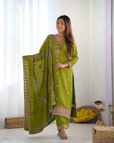Lime Green Luxury Chinnon Silk Embroidered Suit Set - BONYHUBSALWAR KAMEEZ