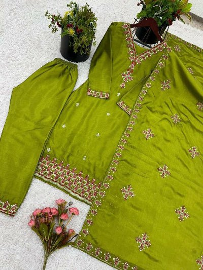Lime Green Luxury Chinnon Silk Embroidered Suit Set - BONYHUBSALWAR KAMEEZ