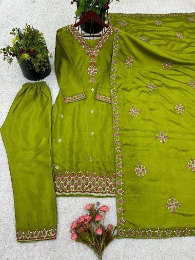 Lime Green Luxury Chinnon Silk Embroidered Suit Set - BONYHUBSALWAR KAMEEZ
