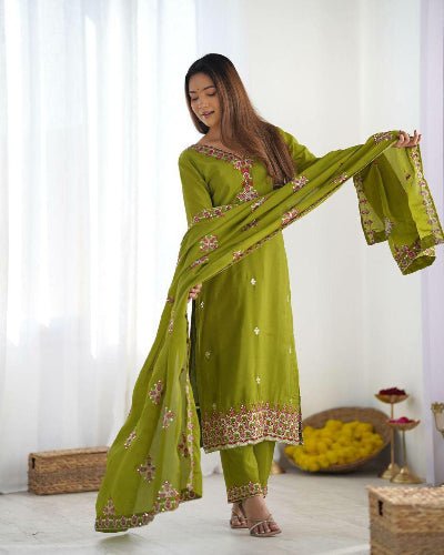 Lime Green Luxury Chinnon Silk Embroidered Suit Set - BONYHUBSALWAR KAMEEZ