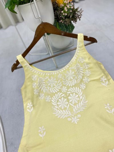 Lime Yellow Embroidered Kurti Palazzo Set Of 2 - BONYHUBSALWAR KAMEEZ