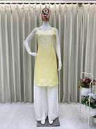 Lime Yellow Embroidered Kurti Palazzo Set Of 2 - BONYHUBSALWAR KAMEEZ