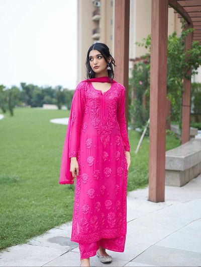 Lucknowi Chikankari Georgette Straight Suit Set - BONYHUBSALWAR KAMEEZ