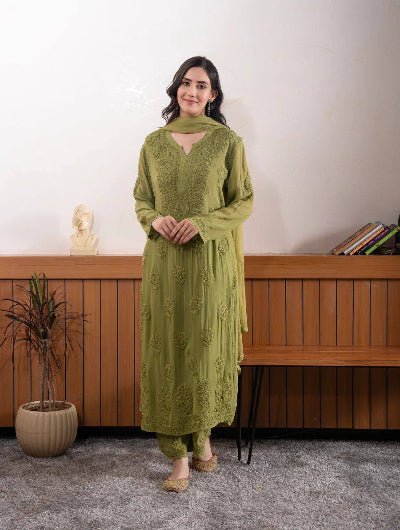 Lucknowi Chikankari Georgette Straight Suit Set - BONYHUBSALWAR KAMEEZ