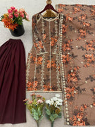 Luxury Brown Floral Moti Work Sharara Palazzo Suit Set - BONYHUBSALWAR KAMEEZ