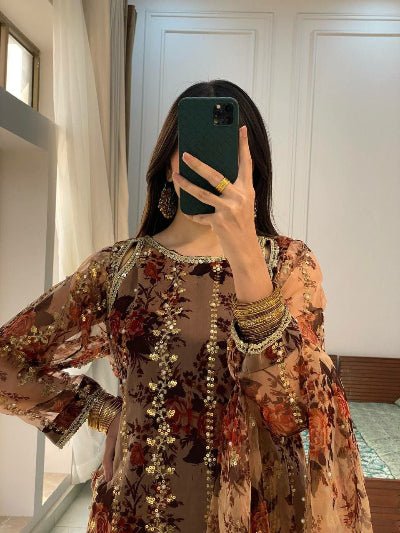 Luxury Brown Floral Moti Work Sharara Palazzo Suit Set - BONYHUBSALWAR KAMEEZ