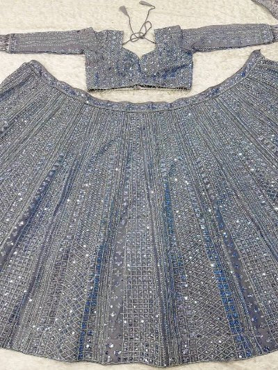 Luxury Silver Mist Grey Sequins Lehenga Choli Set - BONYHUBSALWAR KAMEEZ