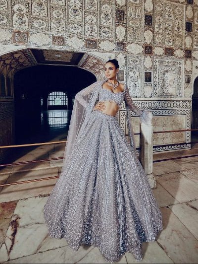 Luxury Silver Mist Grey Sequins Lehenga Choli Set - BONYHUBSALWAR KAMEEZ