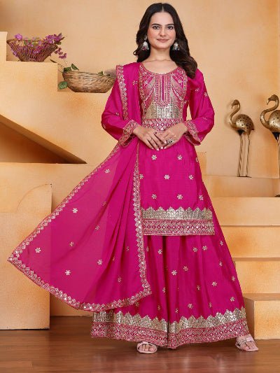 Magenta Pink Chinon Silk Embroidered Sharara Set - BONYHUBSALWAR KAMEEZ