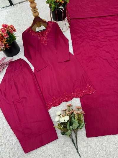 Magenta Pink Crepe Silk Farshi Suit Set - BONYHUBSALWAR KAMEEZ