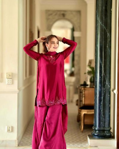 Magenta Pink Crepe Silk Farshi Suit Set - BONYHUBSALWAR KAMEEZ