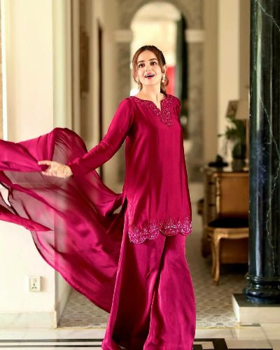 Magenta Pink Crepe Silk Farshi Suit Set - BONYHUBSALWAR KAMEEZ