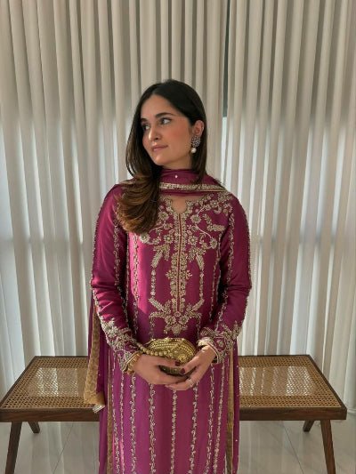 Magenta Pink Embroidery Full Sleeves Straight Suit - BONYHUBSALWAR KAMEEZ