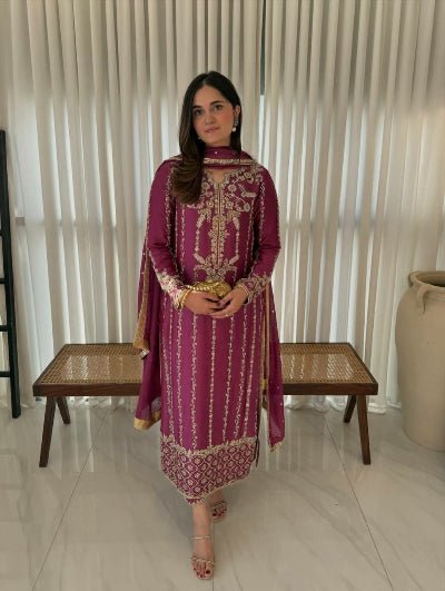 Magenta Pink Embroidery Full Sleeves Straight Suit - BONYHUBSALWAR KAMEEZ