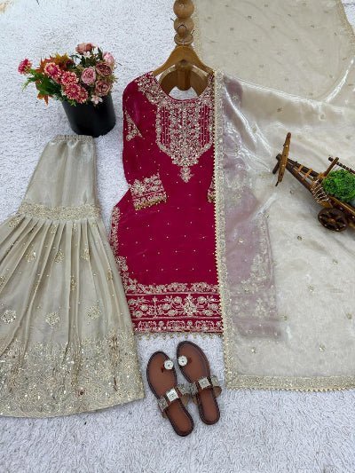 Magenta Pink &amp; Gold Embroidery Moti Work Sharara Suit - BONYHUBSALWAR KAMEEZ