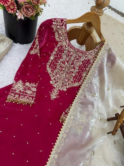 Magenta Pink &amp; Gold Embroidery Moti Work Sharara Suit - BONYHUBSALWAR KAMEEZ