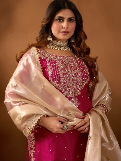 Magenta Pink &amp; Gold Embroidery Moti Work Sharara Suit - BONYHUBSALWAR KAMEEZ