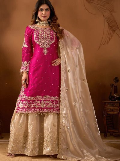 Magenta Pink &amp; Gold Embroidery Moti Work Sharara Suit - BONYHUBSALWAR KAMEEZ
