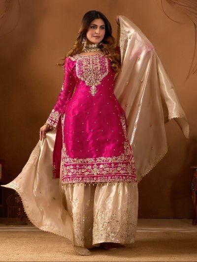 Magenta Pink &amp; Gold Embroidery Moti Work Sharara Suit - BONYHUBSALWAR KAMEEZ
