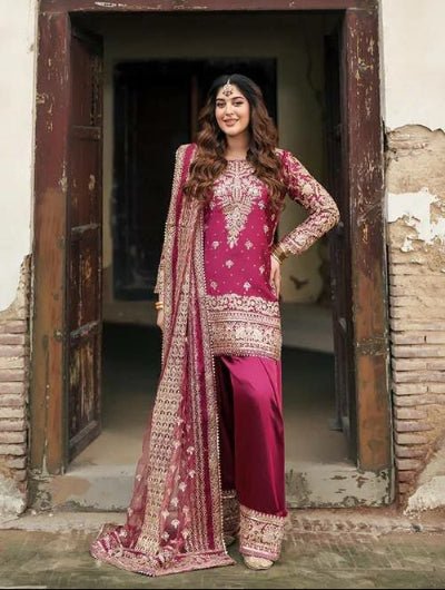 Magenta Pink Gold Embroidery Work Farshi Suit UK Next Day - BONYHUBSALWAR KAMEEZ