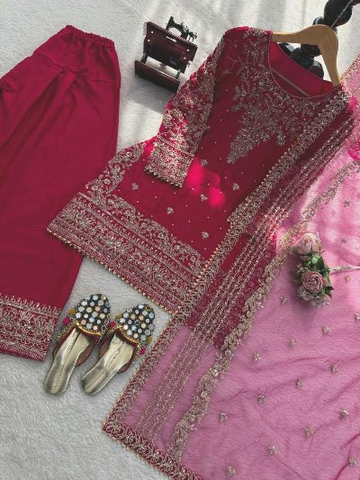 Magenta Pink Gold Embroidery Work Farshi Suit UK Next Day - BONYHUBSALWAR KAMEEZ