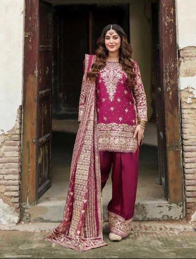 Magenta Pink Gold Embroidery Work Farshi Suit UK Next Day - BONYHUBSALWAR KAMEEZ