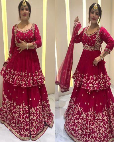 Magenta Pink Khediya Style Kurti, Lehenga Dupatta Set - BONYHUBSALWAR KAMEEZ