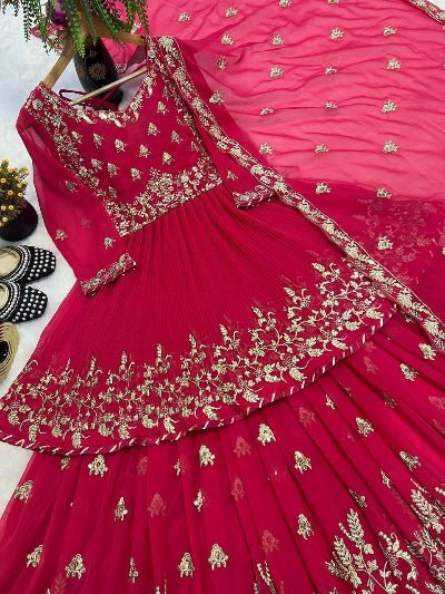 Magenta Pink Khediya Style Kurti, Lehenga Dupatta Set - BONYHUBSALWAR KAMEEZ
