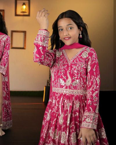 Magenta Pink Kids Sequins Embroidered Gown with Dupatta - BONYHUBLehangas