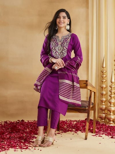 Magenta Printed Pure Cotton Kurti Pant Set with Dupatta for Women | Asian Ethnic Wear UK - BONYHUBSALWAR KAMEEZ