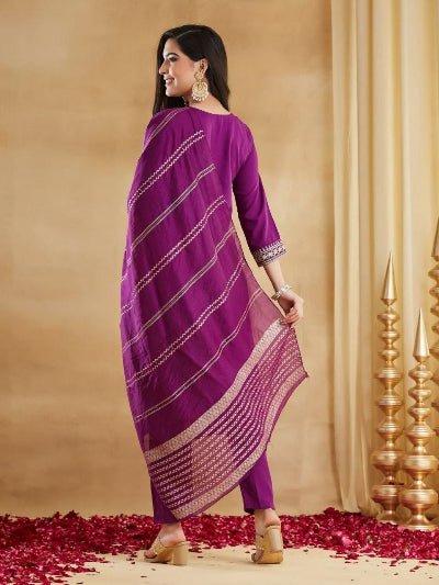 Magenta Printed Pure Cotton Kurti Pant Set with Dupatta for Women | Asian Ethnic Wear UK - BONYHUBSALWAR KAMEEZ