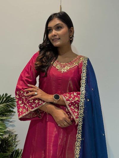 Magenta Roman Silk Beautiful Embroidered Anarkali Suit Set - BONYHUBSALWAR KAMEEZ