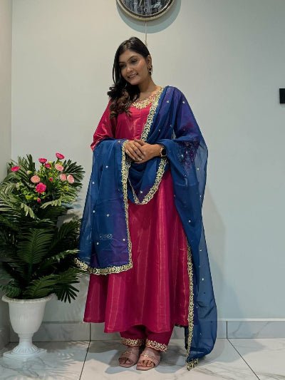 Magenta Roman Silk Beautiful Embroidered Anarkali Suit Set - BONYHUBSALWAR KAMEEZ